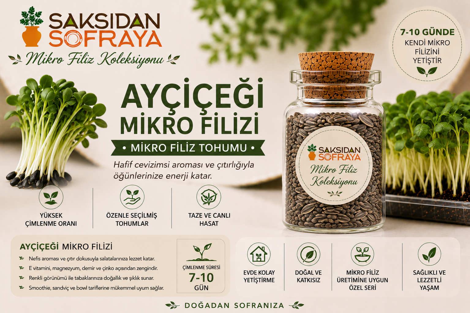 Ayçiçeği Mikro Filiz Tohumu 10 gr Ayçiçeği Mikro Filiz Tohumu 10 gr mantar tıpalı cam kavanoz 10 gr