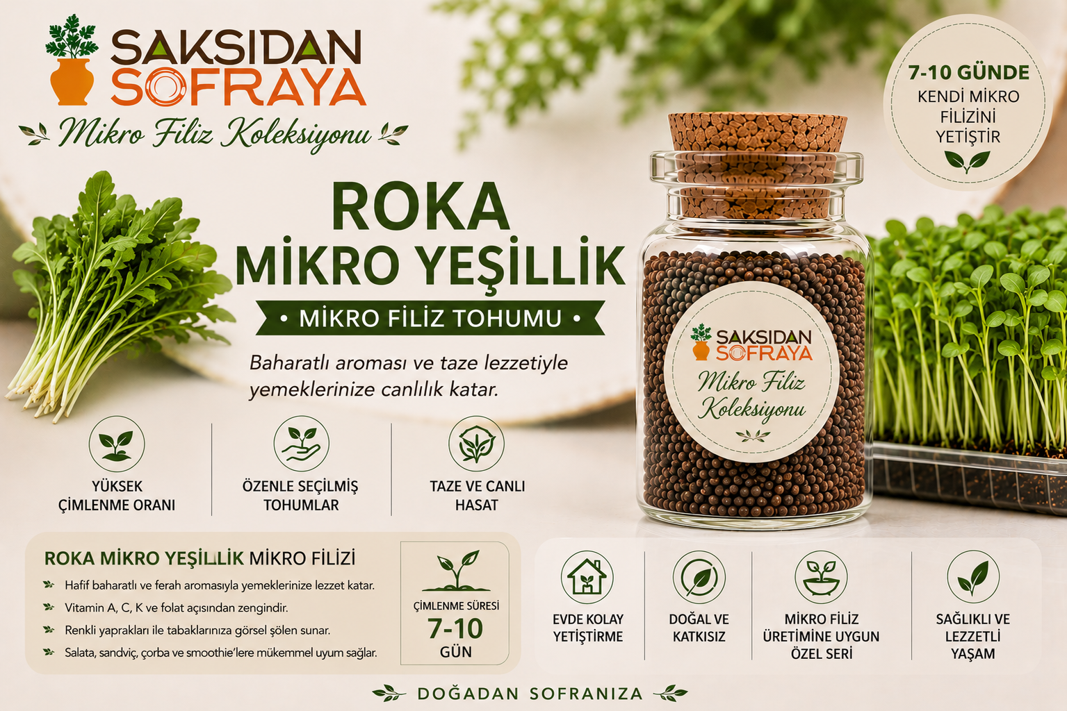 Roka Mikro Filiz Tohumu 10 gr Roka Mikro Filiz Tohumu 10 gr mantar tıpalı cam kavanoz 10 gr